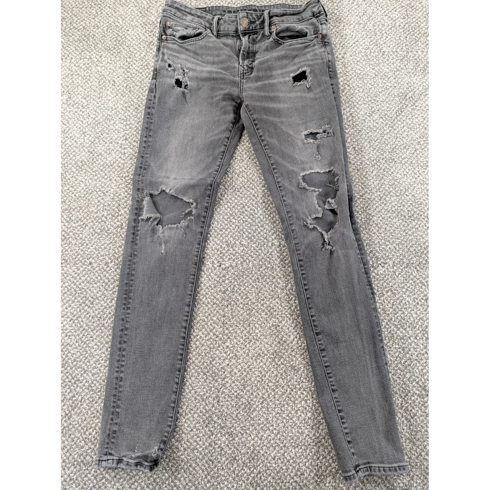 American Eagle Airflex+ Distressed Skinny Jeans Mens 32x34 (33) Gray Ripped Knee